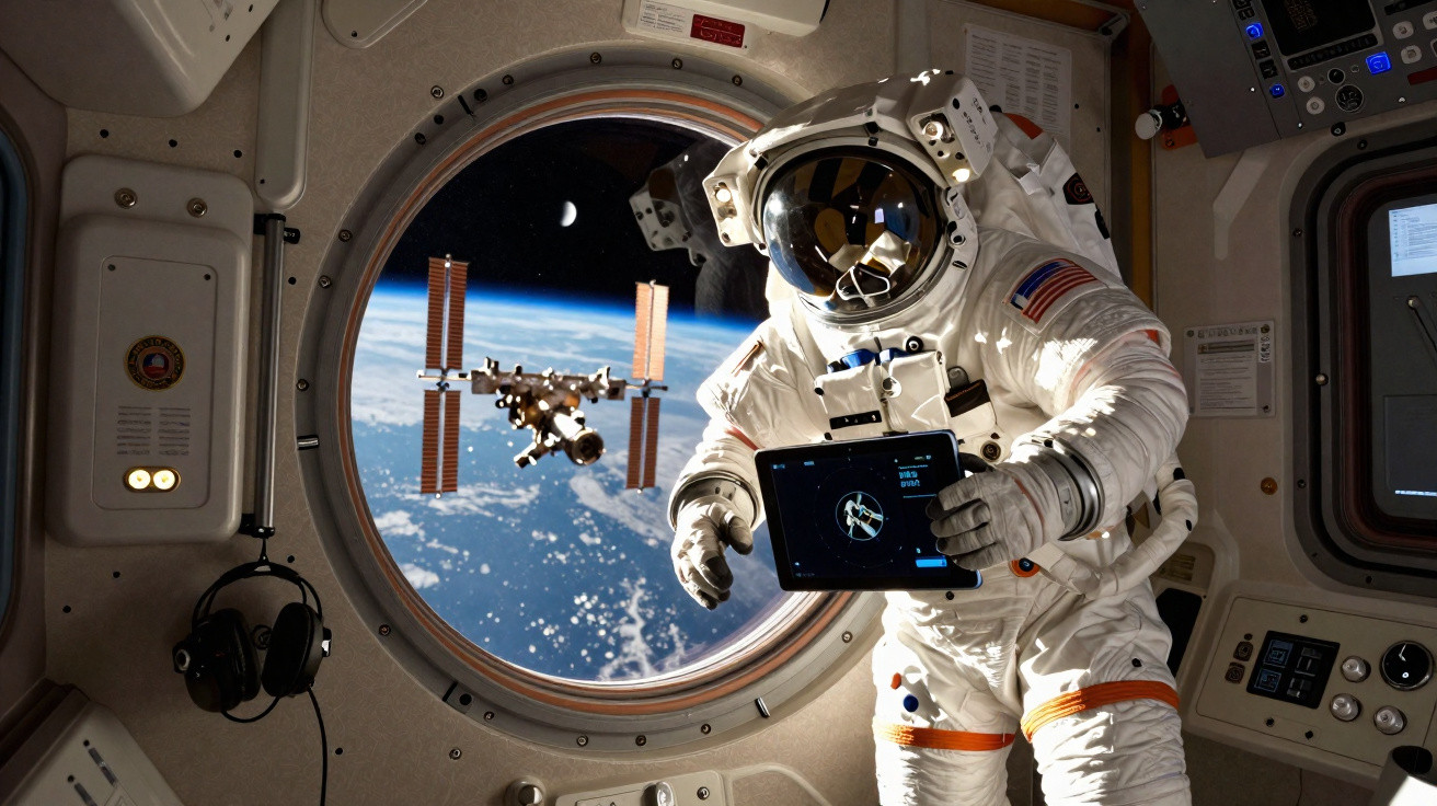 Astronauta segurando tablet dentro da estação espacial com vista da Terra e da estação espacial internacional pela janela.