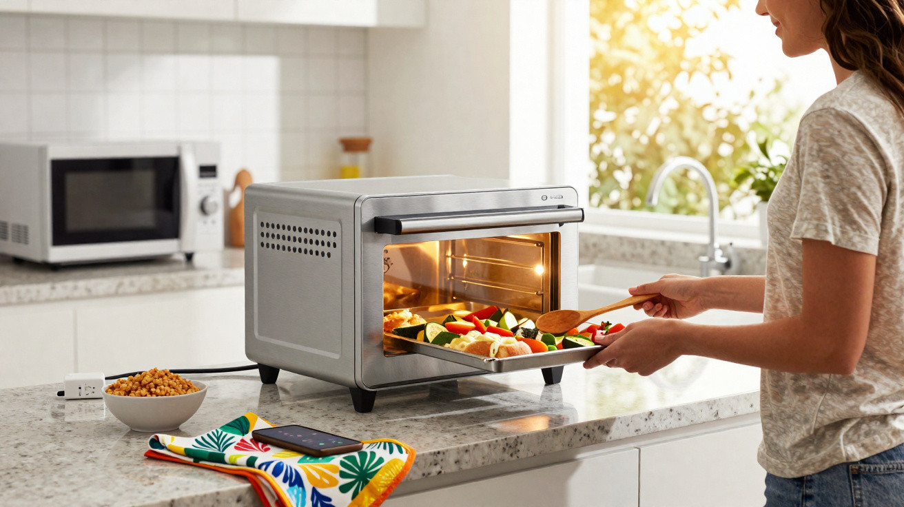 Pessoa retirando tabuleiro com legumes e alimentos assando em forno elétrico na cozinha.