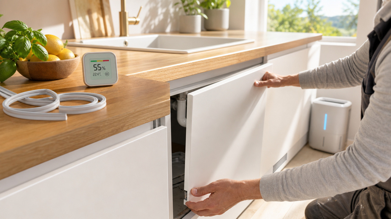 Pessoa abrindo armário branco em cozinha com um medidor digital de umidade e temperatura na bancada de madeira.