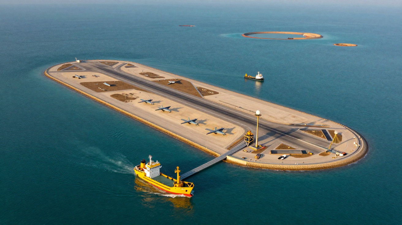 Ilha artificial com pista de pouso, aeronaves estacionadas e navios ao redor em mar calmo.