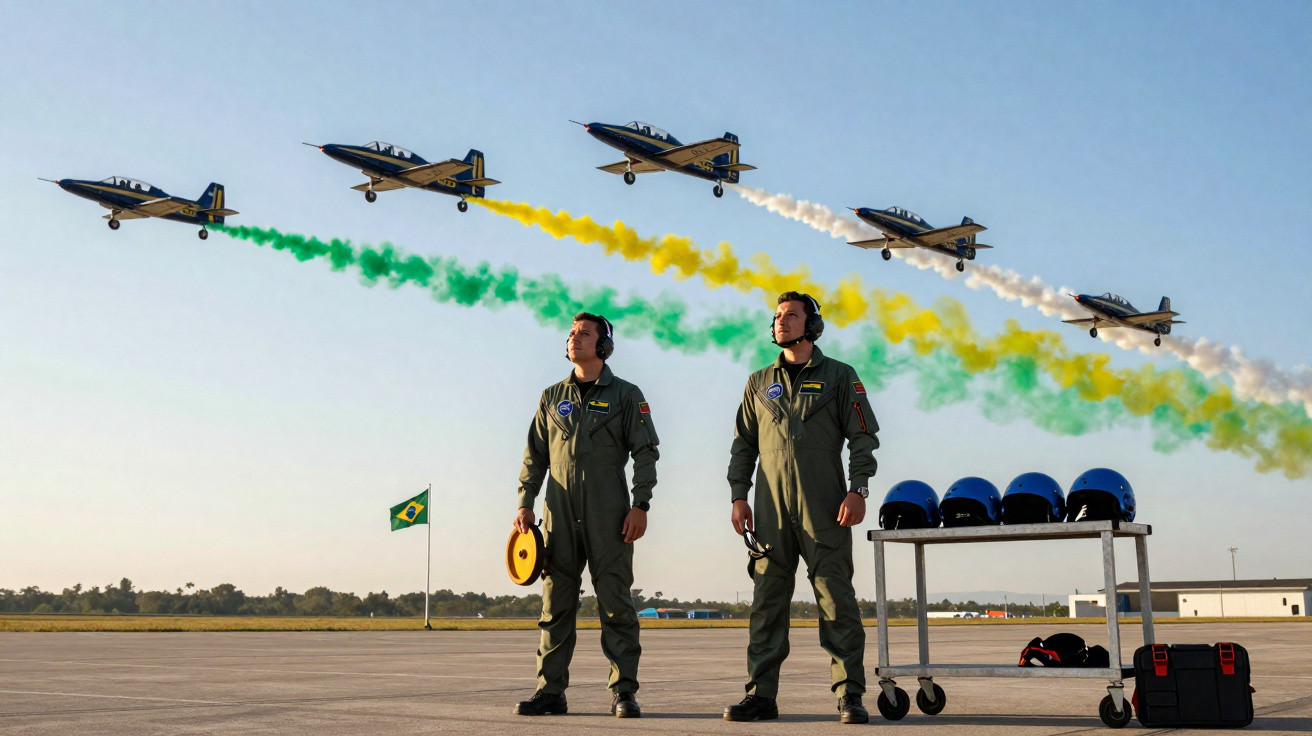 Dois pilotos em uniforme recebem seis aviões que voam formando traços nas cores da bandeira do Brasil no céu.