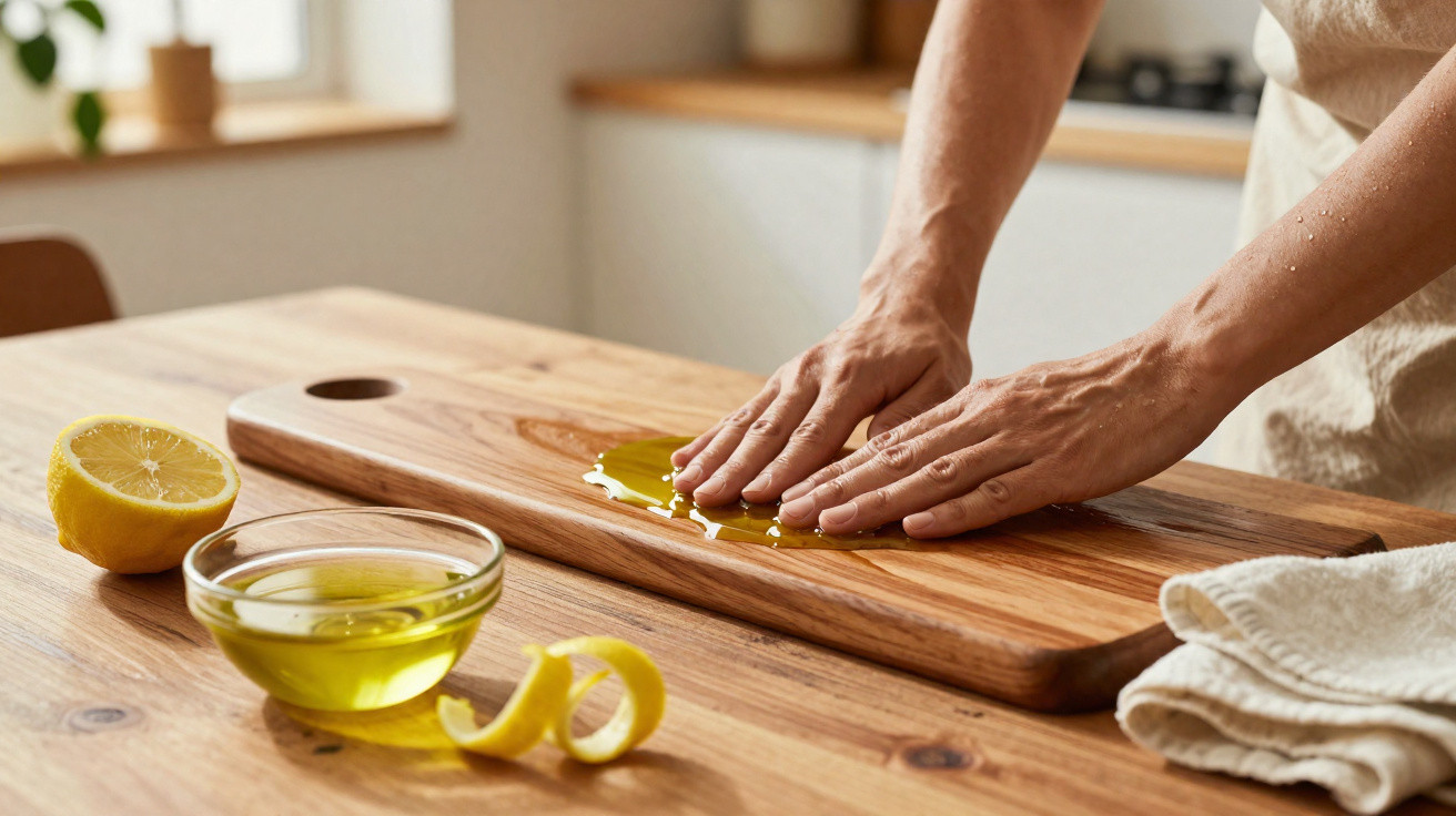 Mãos espalhando azeite sobre tábua de madeira, com limão e tigela de azeite na mesa de cozinha.