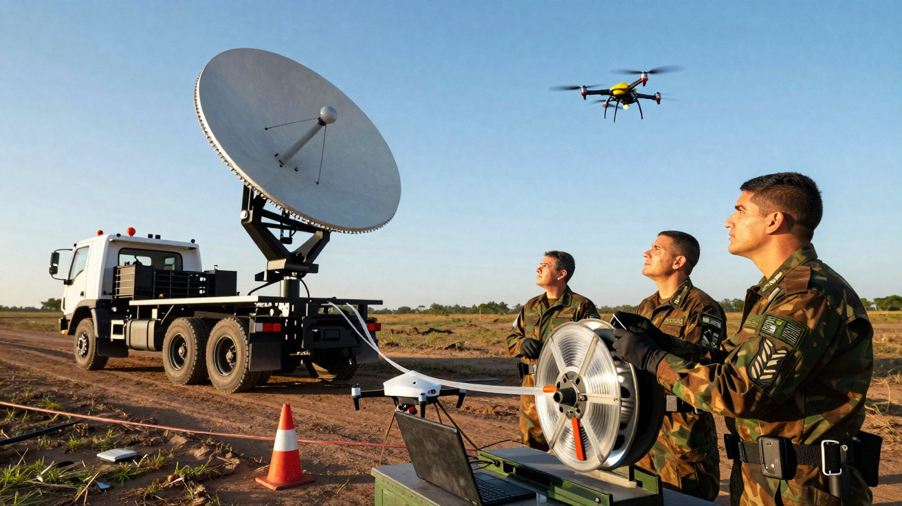 Três militares operam drone próximo a caminhão com antena parabólica em área aberta durante o dia.