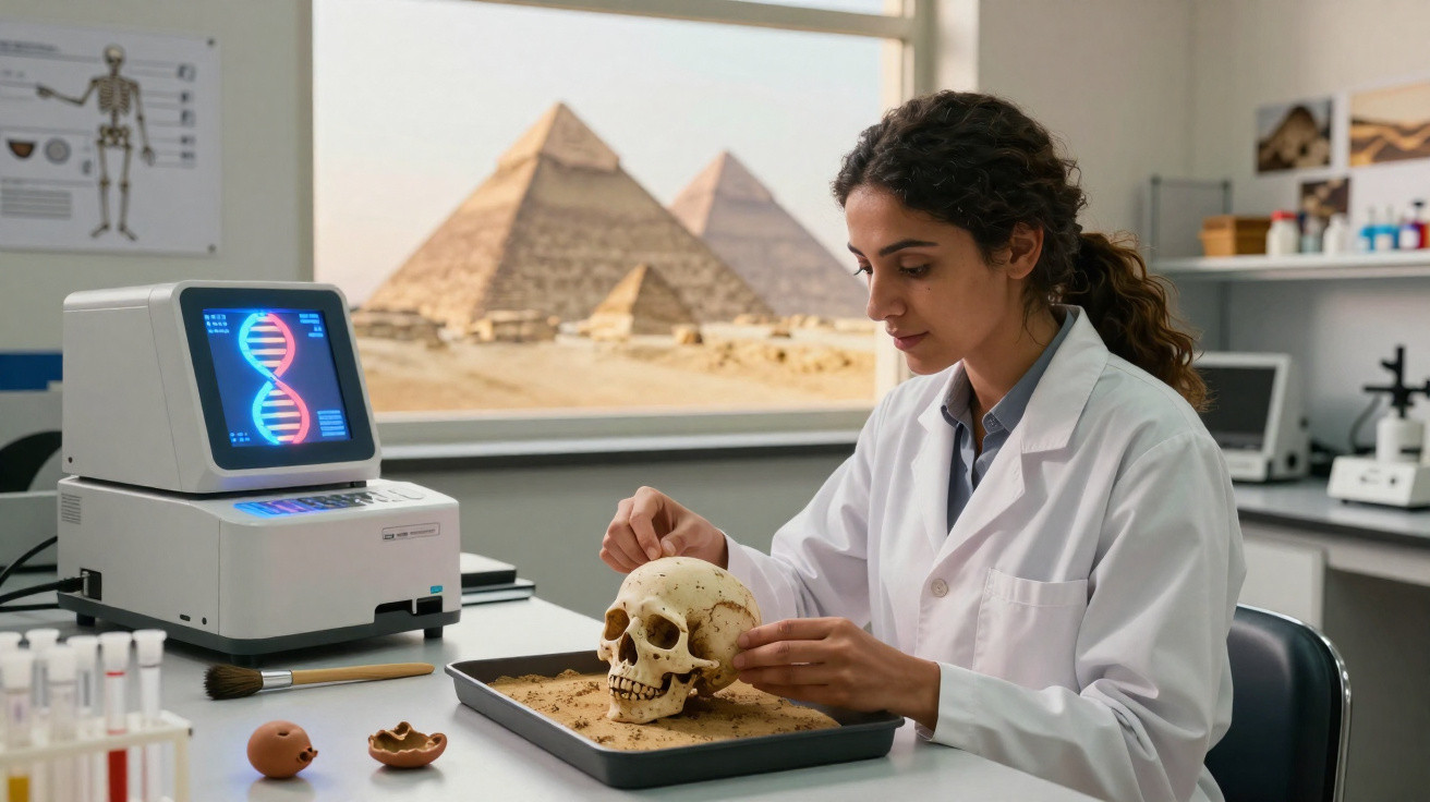 Mulher cientista analisando crânio humano em laboratório com pirâmides egípcias ao fundo.