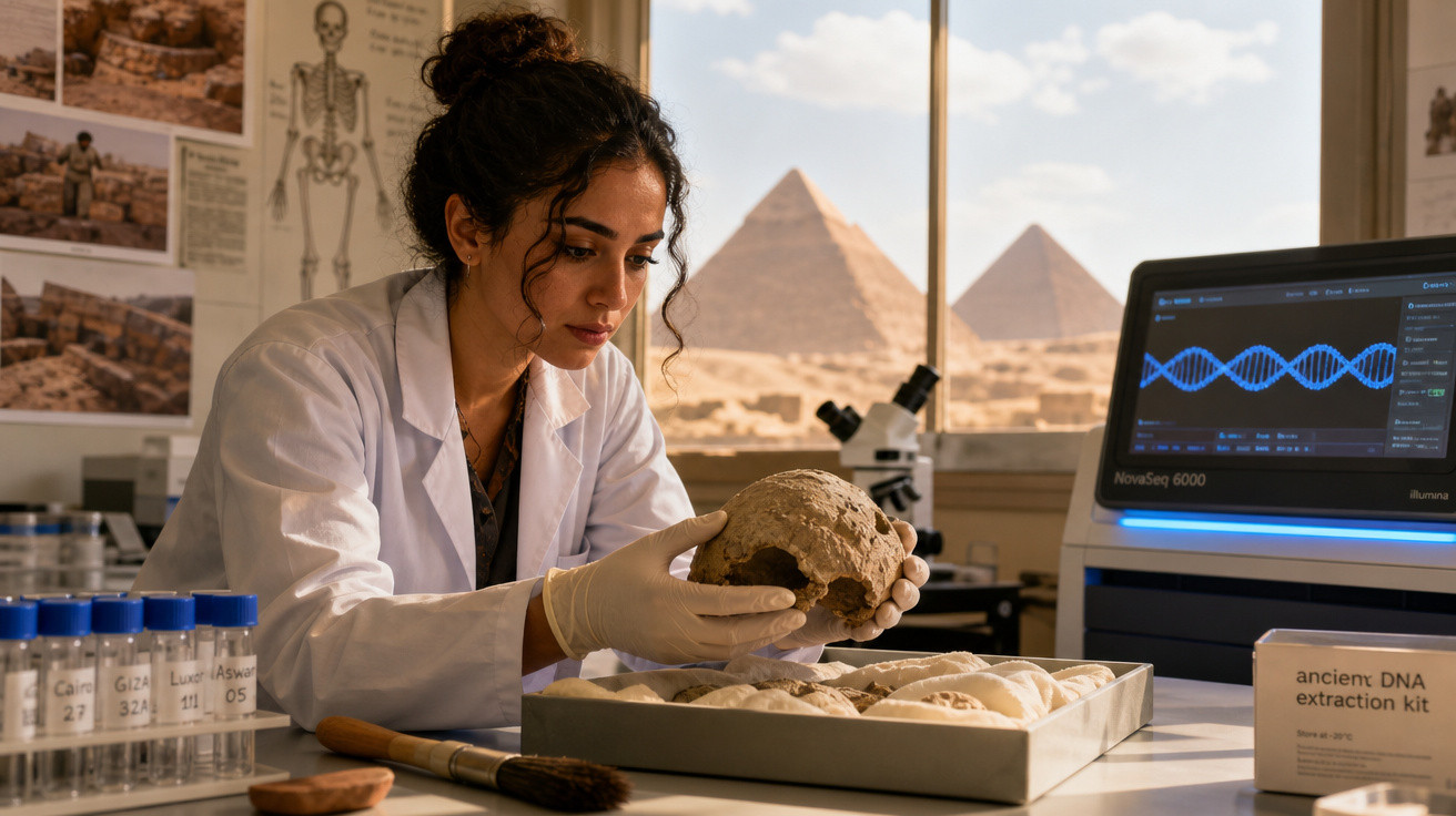 Cientista segurando crânio antigo em laboratório arqueológico com pirâmides ao fundo e equipamentos DNA.