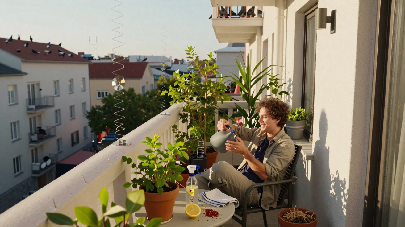 Pessoa sorridente regando plantas em varanda de apartamento ao entardecer em área urbana.