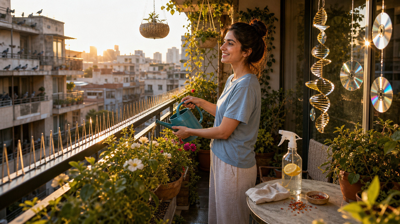 Mulher sorridente regando plantas em varanda de apartamento ao pôr do sol na cidade.