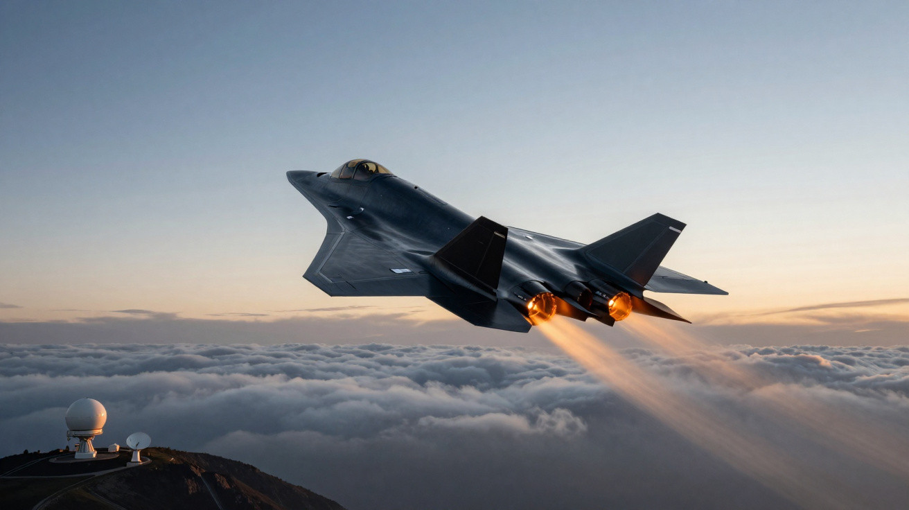 Avião militar stealth decolando ao pôr do sol acima das nuvens, com motores em chamas.