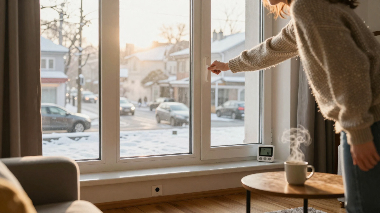 Pessoa abrindo janela em sala com mesa, xícara de café quente e vista de rua com neve e casas ao fundo.