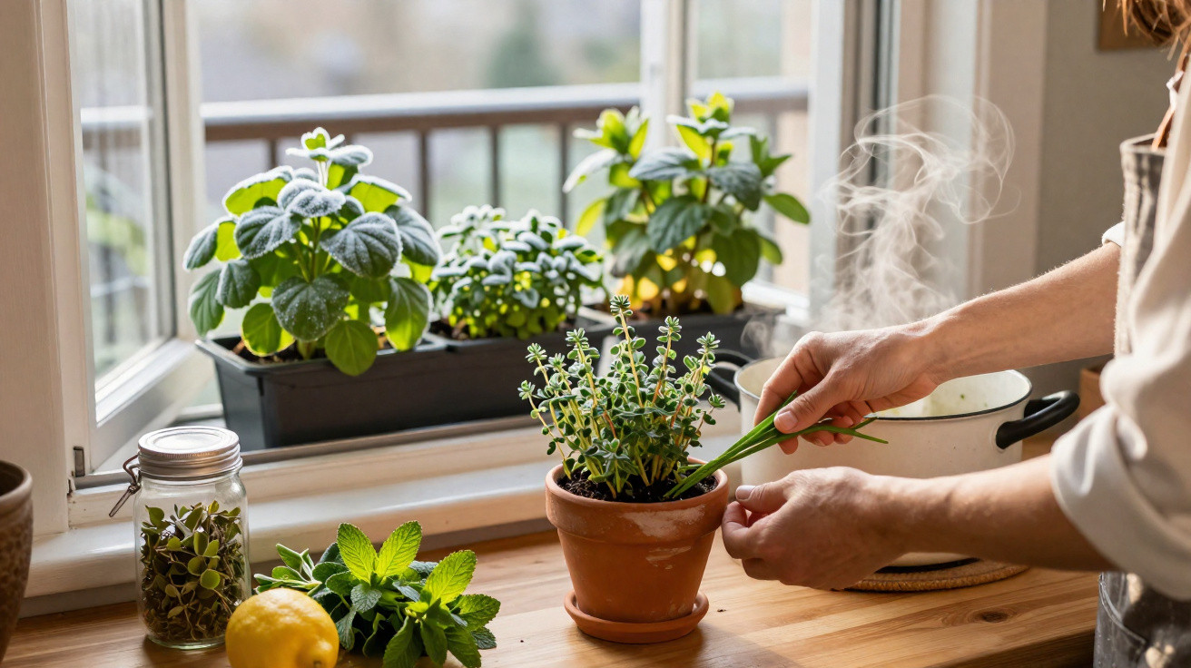 Pessoa cuidando de planta em vaso na cozinha com ervas, limão e panela ao fundo.