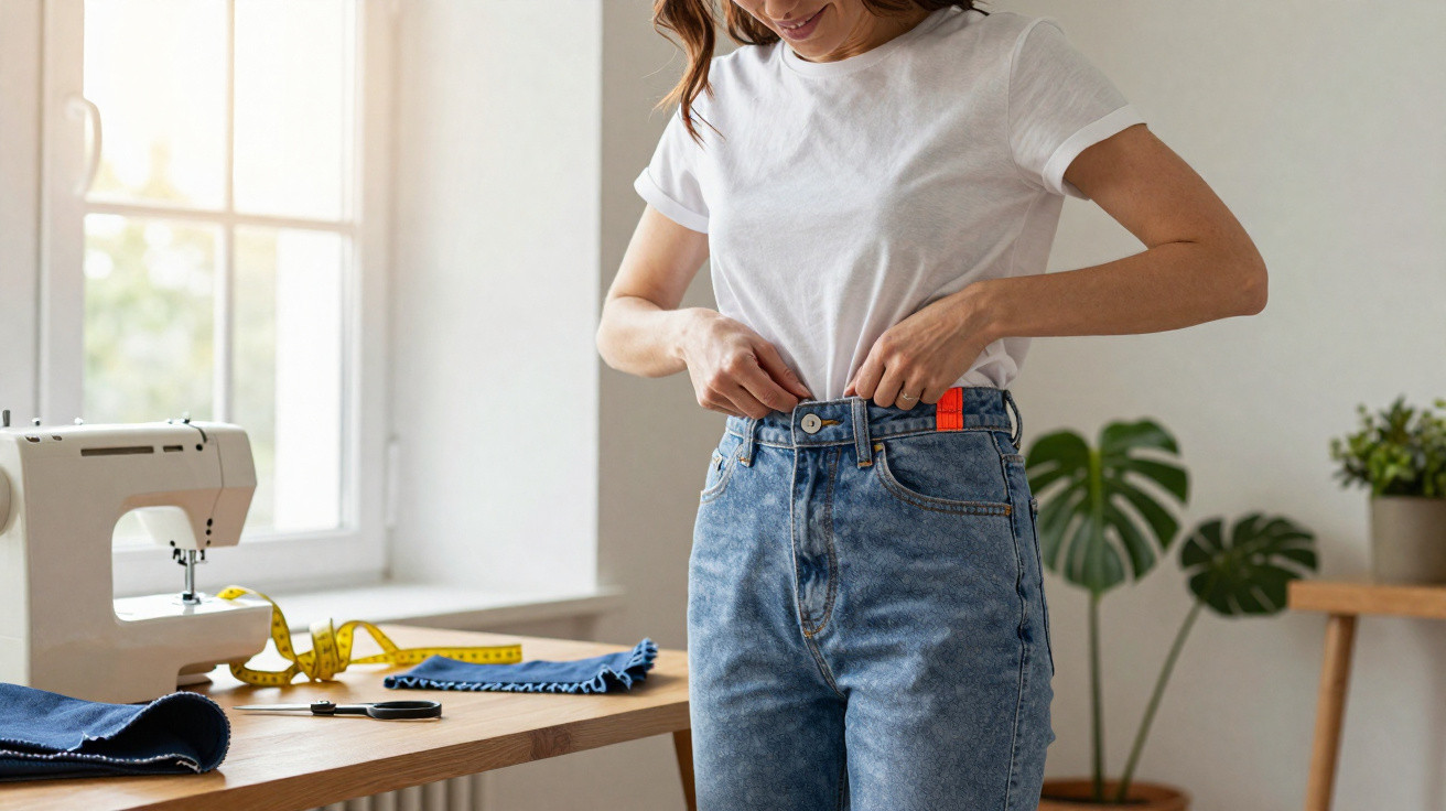 Mulher experimentando calça jeans em ambiente claro com máquina de costura e plantas ao fundo.