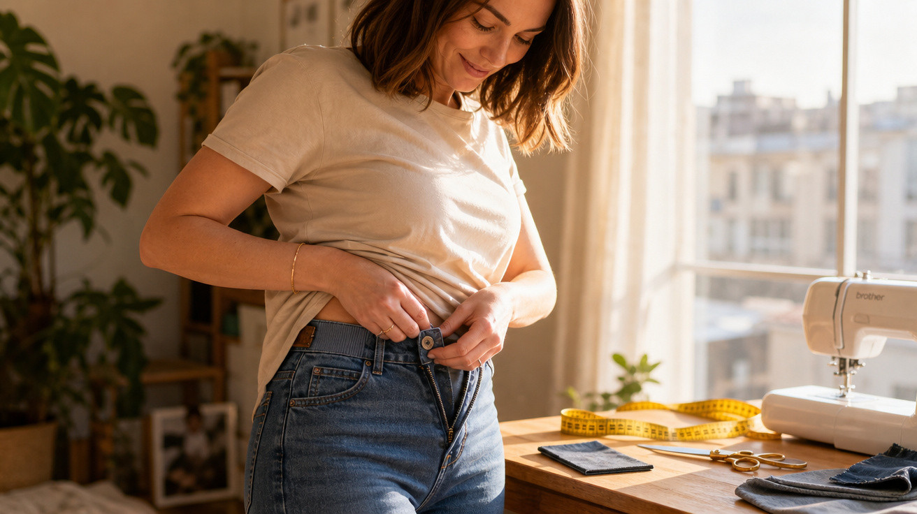 Mulher sorrindo abotoando calça jeans em ambiente com mesa, máquina de costura e fita métrica amarela.