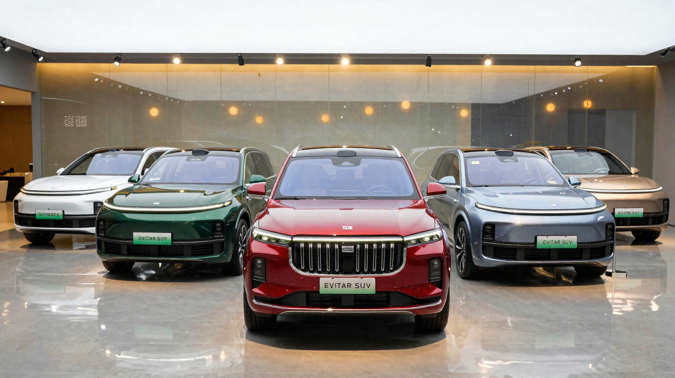 Cinco SUVs elétricos Evitar de diferentes cores expostos em showroom moderno e iluminado.