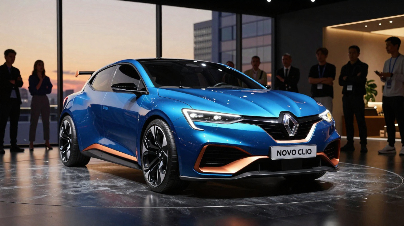 Carro Renault Novo Clio azul com detalhes laranja em showroom moderno com pessoas ao fundo.