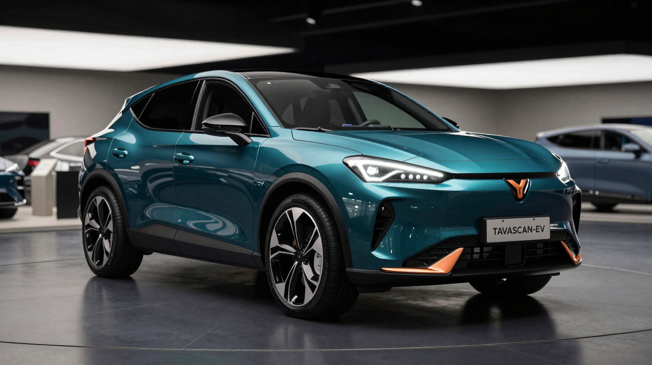 Carro elétrico azul Tavascan-EV em exposição interna com design moderno e faróis acesos.