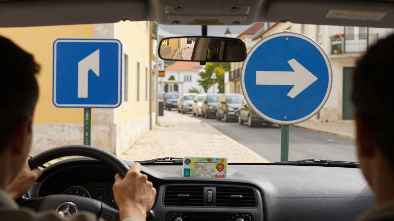 Interior de um carro com duas pessoas, olhando para duas placas de trânsito indicando curvas à direita.
