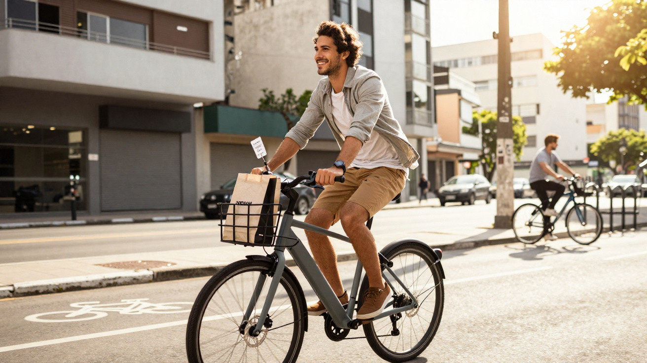 Homem sorridente andando de bicicleta numa ciclovia urbana com sacola na cesta frontal.