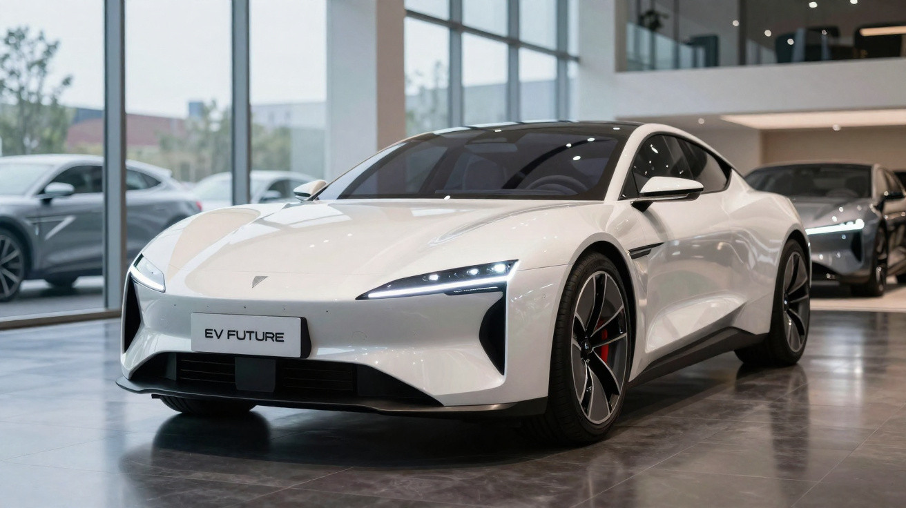 Carro elétrico esportivo branco modelo EV Future estacionado em showroom moderno com piso refletivo.