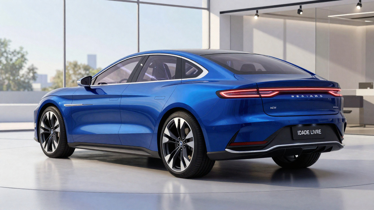 Carro elétrico sedã azul estacionado em ambiente interno com design moderno e rodas esportivas.