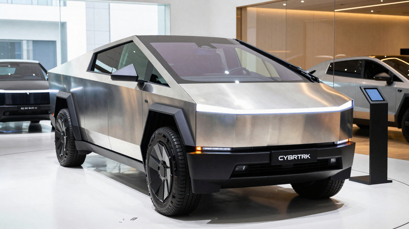 Picape elétrica Tesla Cybertruck com design futurista e carroceria metálica exposta em showroom.