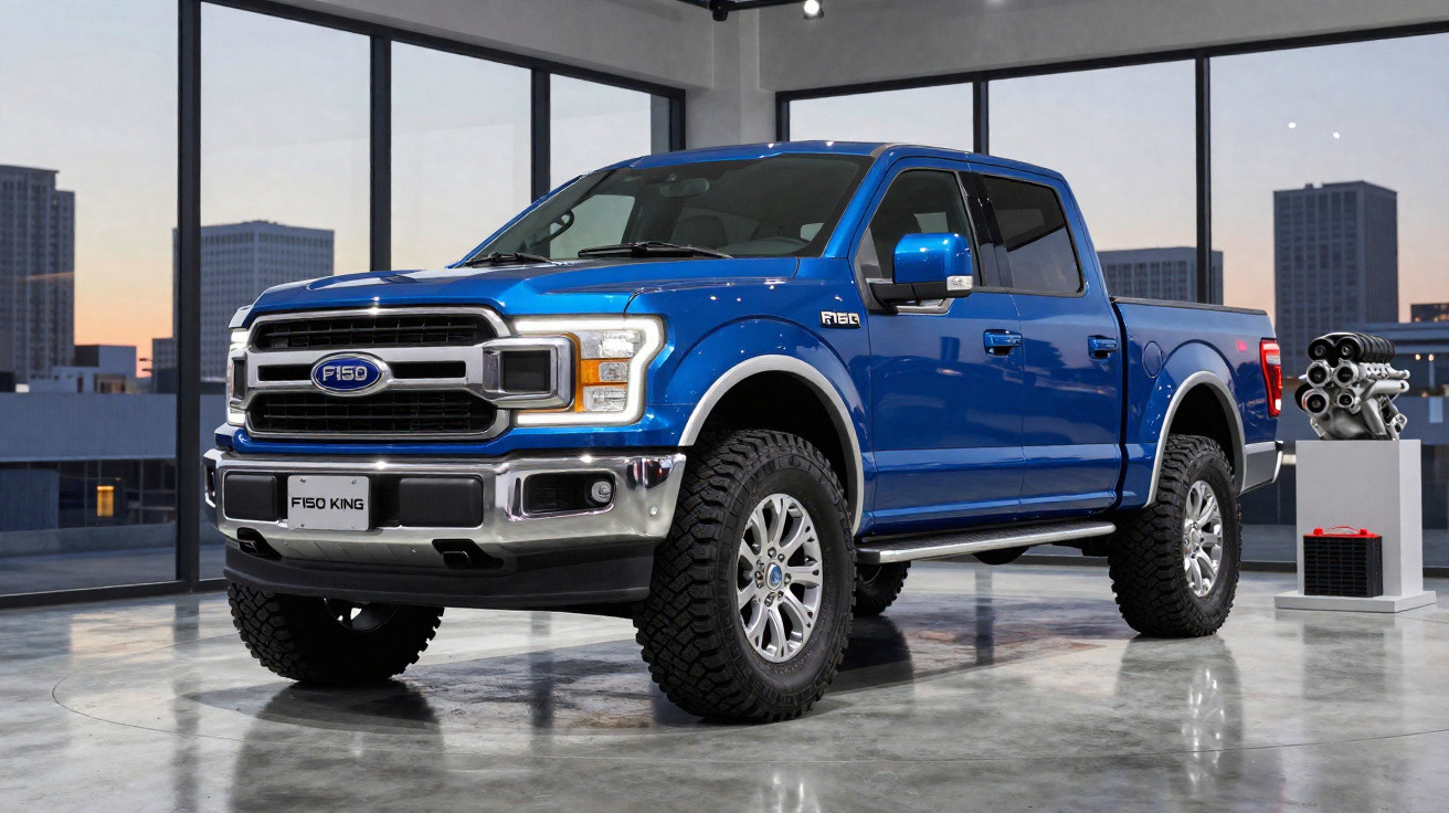 Pick-up azul Ford F150 King em showroom moderno com grandes janelas e motor exposto ao fundo.