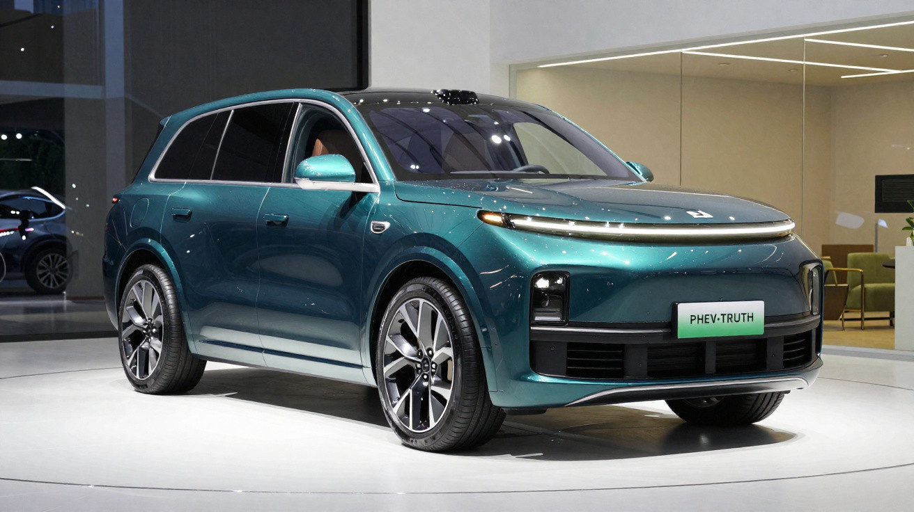 SUV elétrico verde metálico estilizado em exposição com placa PHEV-TRUTH em ambiente interno moderno.