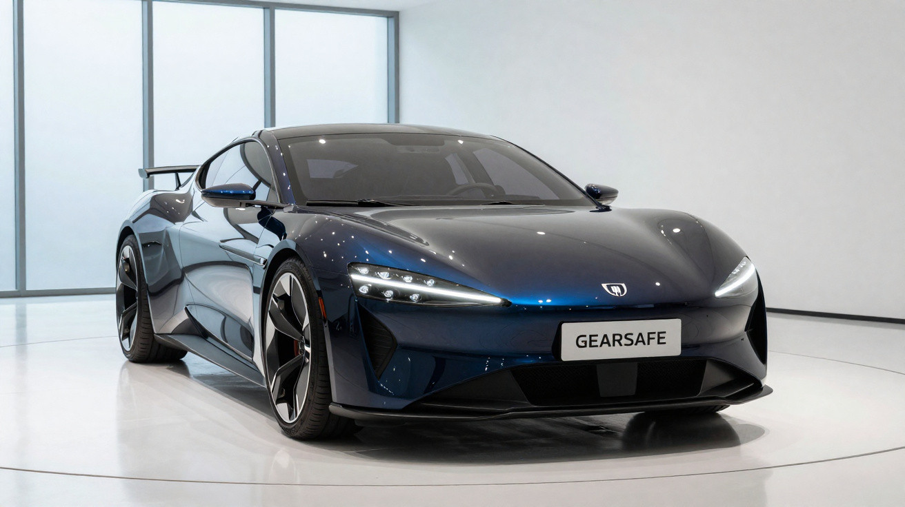 Carro esportivo elétrico azul escuro exibido em estande com iluminação branca e placa GEARSAFE.