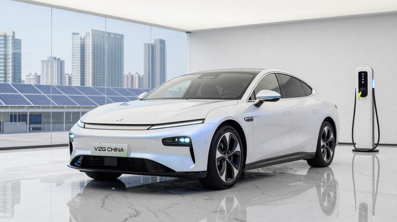 Carro elétrico branco estacionado em ambiente interno moderno com estação de recarga ao lado.