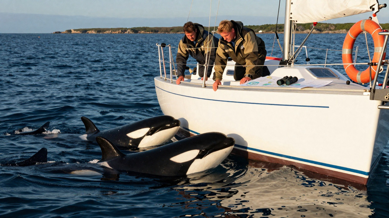 Duas orcas próximas a um veleiro com dois homens observando no mar calmo ao entardecer.