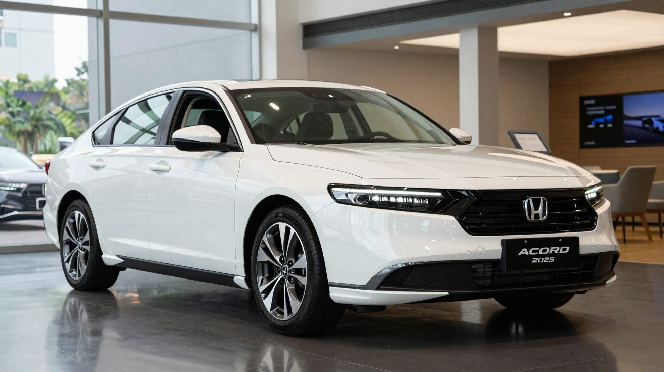 Carro branco Honda Accord 2025 exibido em showroom moderno com piso brilhante e parede de vidro.