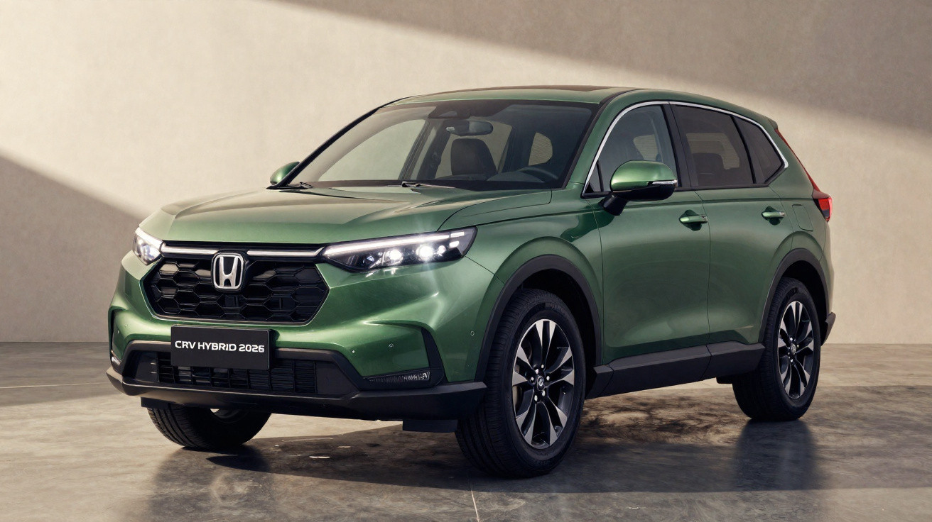 SUV Honda CR-V Hybrid 2026 na cor verde, parada em ambiente interno com parede bege.