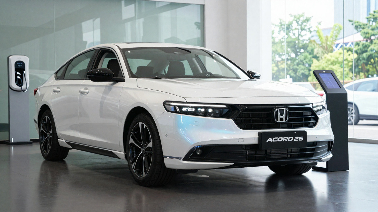 Carro branco Honda Accord 2026 em showroom com carregador de veículo elétrico ao lado.