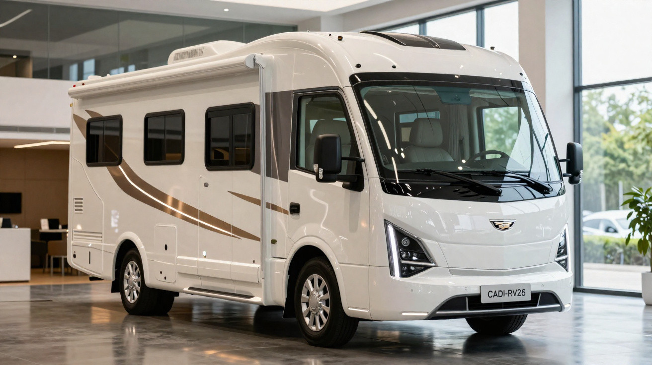 Motorhome branco com detalhes dourados exposto em ambiente interno moderno e iluminado por janelas grandes.