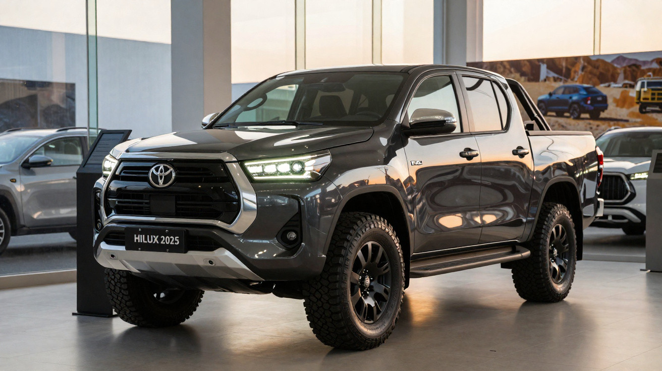 Picape Toyota Hilux 2025 cinza escuro com faróis acesos em showroom moderno.