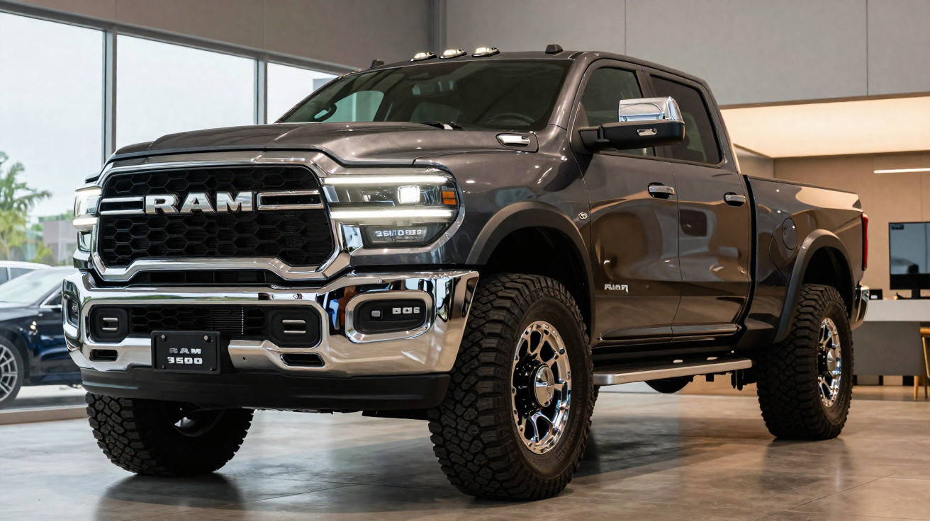 Picape Ram 3500 cinza escuro em showroom com pneus robustos e detalhes cromados.
