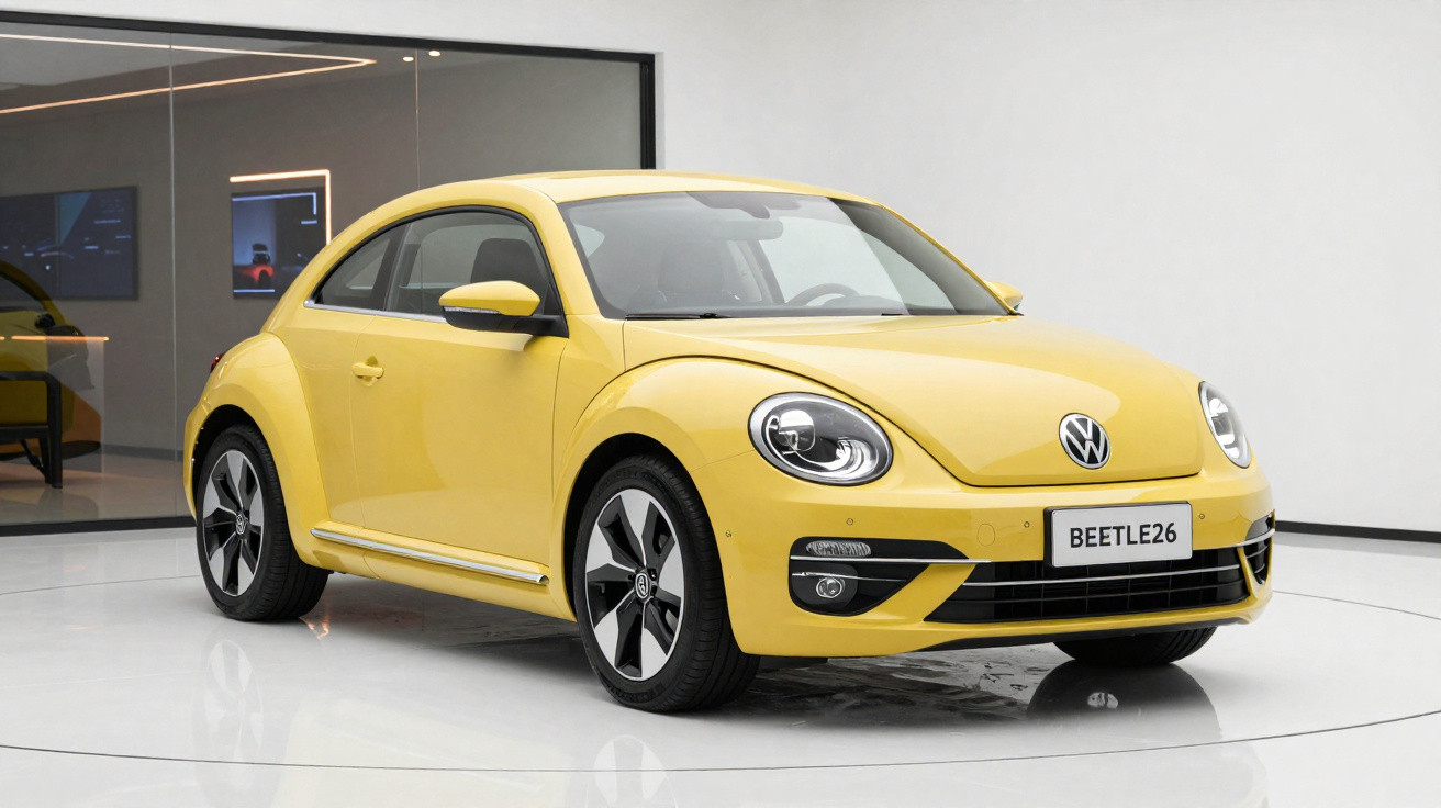 Carro Volkswagen Beetle amarelo estacionado em ambiente interno com piso branco e parede cinza.