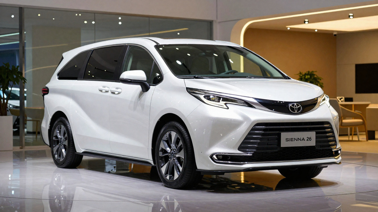 Minivan Toyota Sienna branca estacionada em ambiente interno moderno.