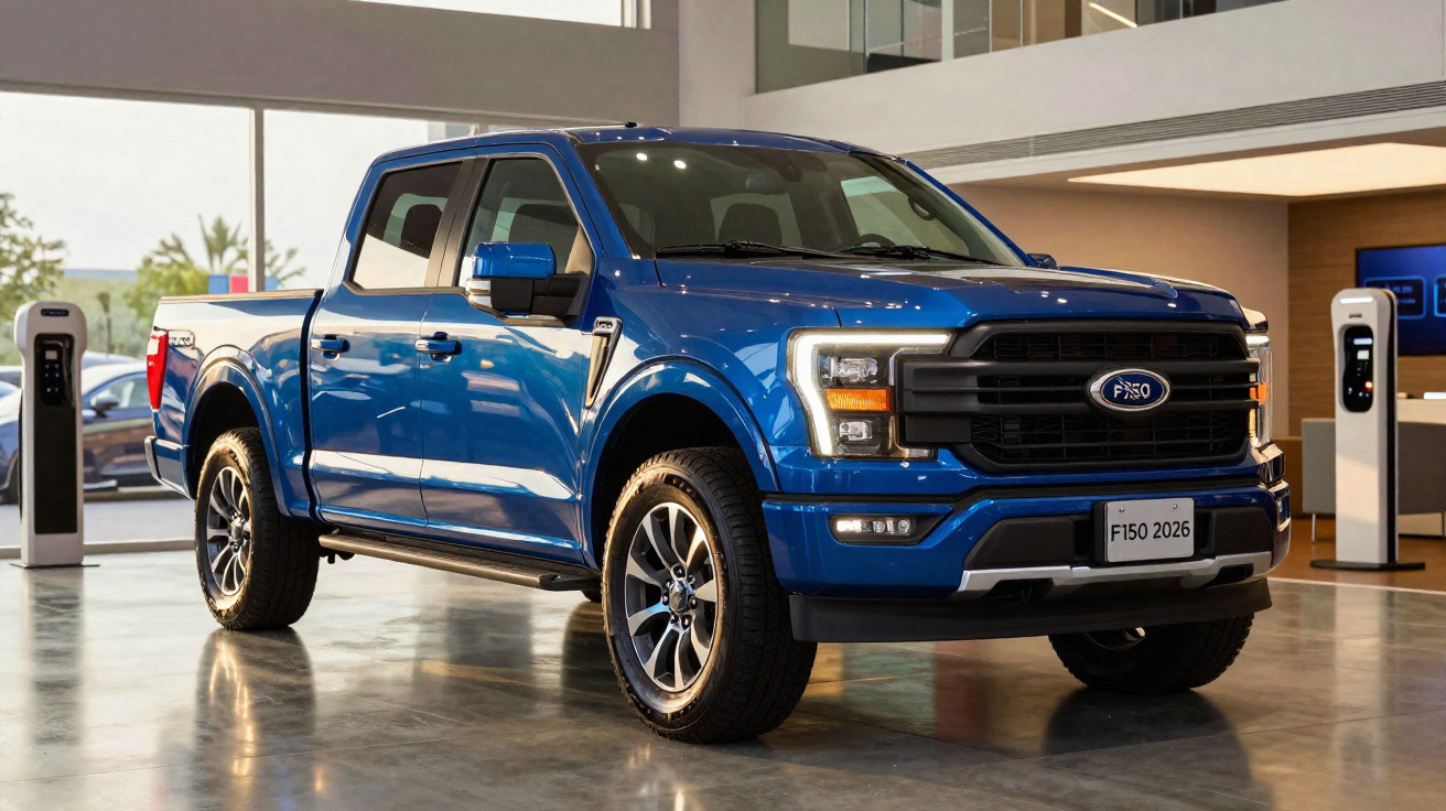 Picape elétrica azul Ford F-150 2026 exposta em showroom moderno com carregadores elétricos.