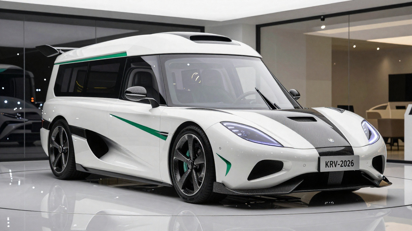 Carro esportivo branco com detalhes verdes, estilo furgão, em showroom moderno e iluminado.