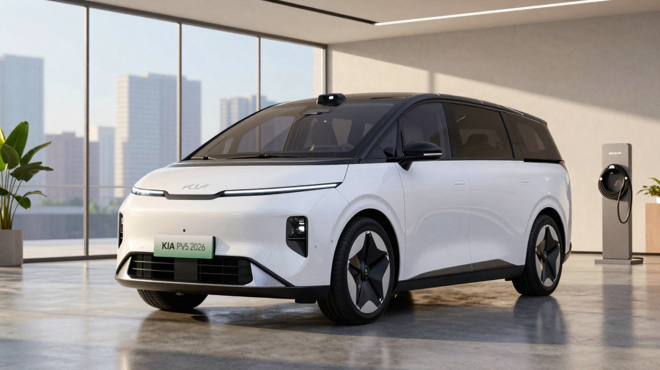 Carro elétrico branco Kia EV5 2026 estacionado em garagem moderna com parede de vidro e estação de carregamento.