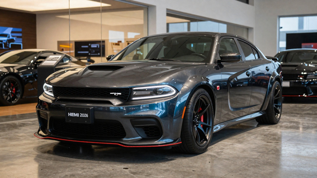 Carro esportivo cinza escuro Dodge Charger SRT Widebody 2026 em showroom com piso de concreto.