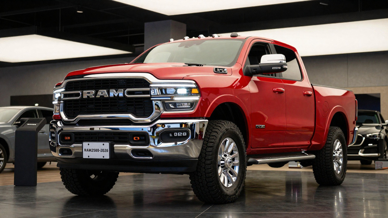 Picape RAM vermelha exposta em showroom com detalhes cromados e faróis acesos.