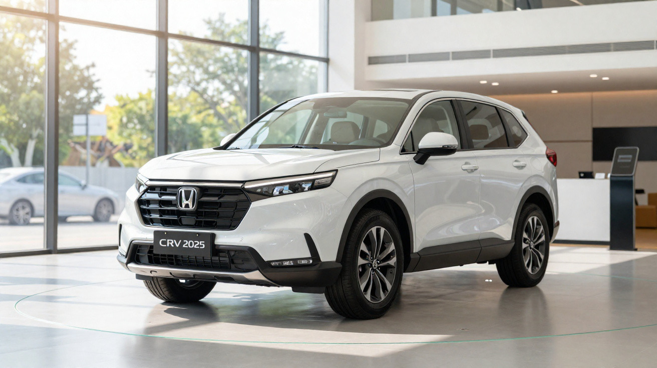 SUV Honda CRV 2025 branco exposto em showroom com luz natural entrando pelas janelas grandes.