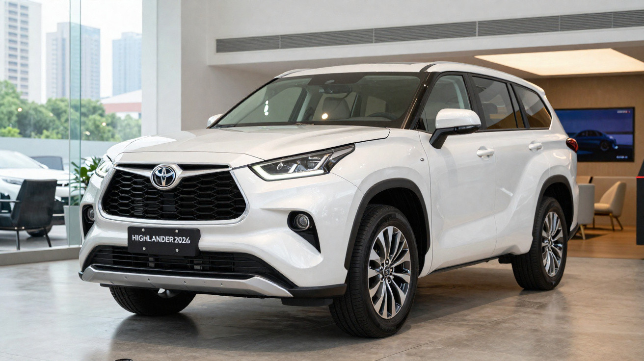 SUV Toyota Highlander 2026 branco em showroom moderno com iluminação natural e móveis ao fundo.