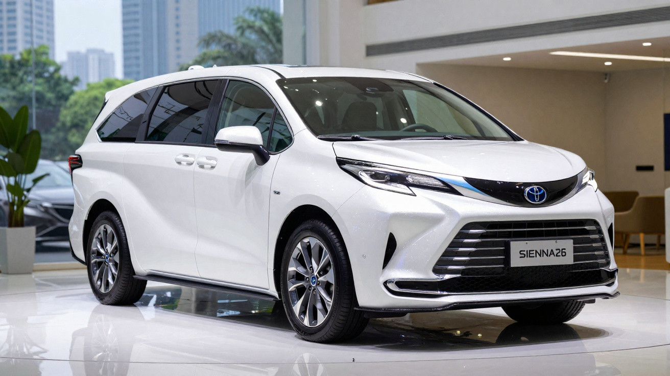 Minivan branca Toyota Sienna 2026 exposta em showroom moderno e iluminado.