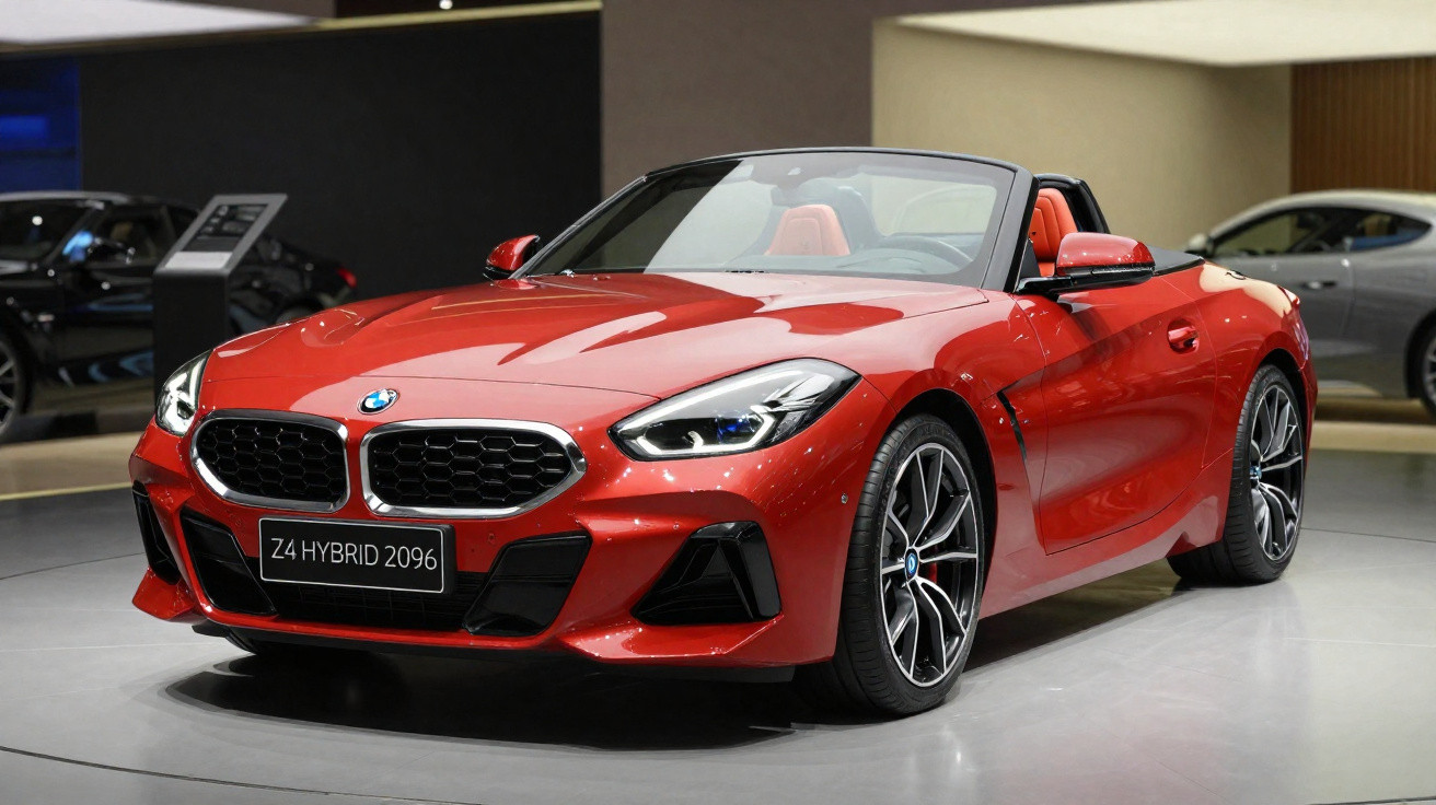 Carro esportivo conversível BMW Z4 Hybrid 2096 vermelho exibido em showroom moderno.