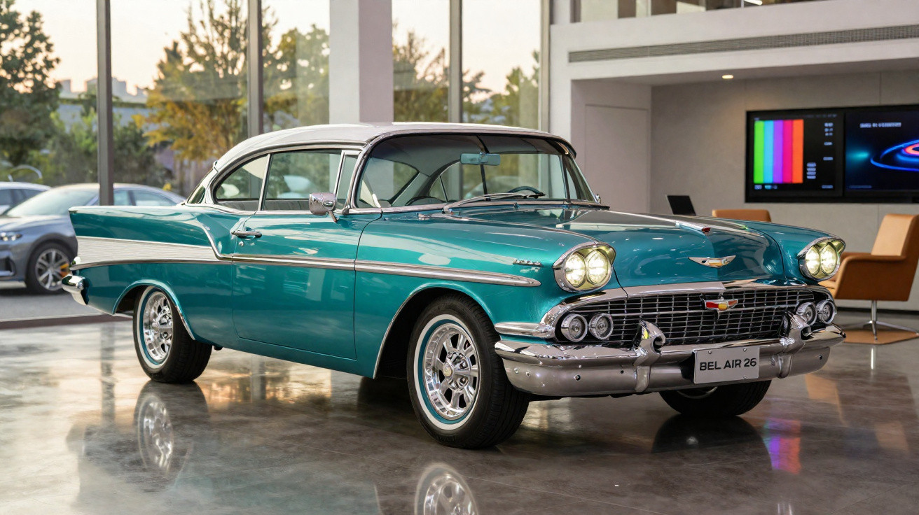 Carro clássico Chevrolet Bel Air 1958 azul com teto branco em exposição interna moderna.