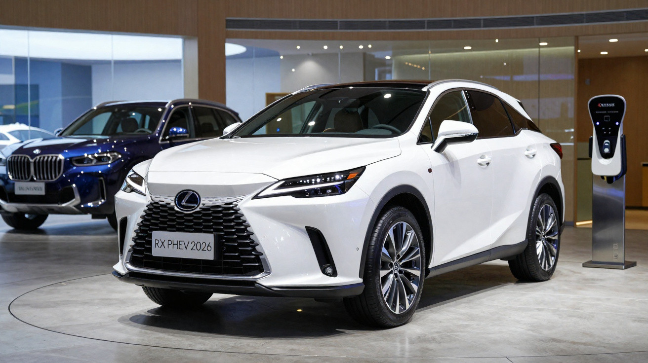 SUV híbrido branco Lexus RX PHEV 2026 em exposição em showroom moderno.