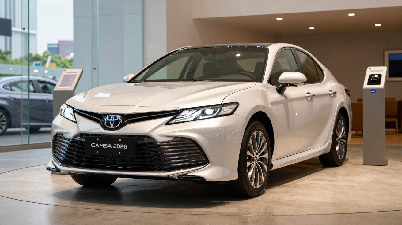 Carro sedan branco Toyota exposto em showroom com placa preta escrita CAMSA 2026.