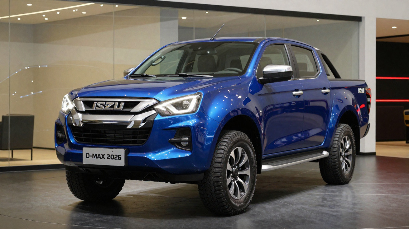 Picape Isuzu D-Max 2026 azul exibida em showroom moderno com paredes de vidro.